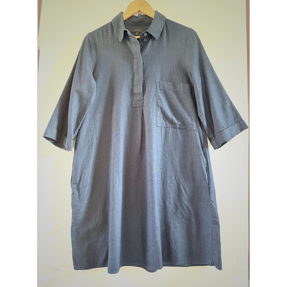 COS‎ Womens Blue Cotton Denim Shirt Dress 3/4 Sleeve Pocket Shift Mini Dress L